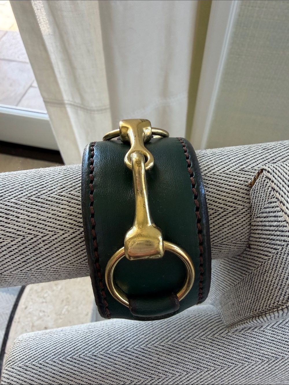 Green Leather Bracelet with Gold Bit Accent